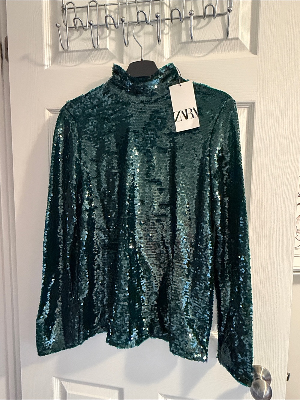 ZARA Emerald Green Sequin Mock Neck Long Sleeve Top